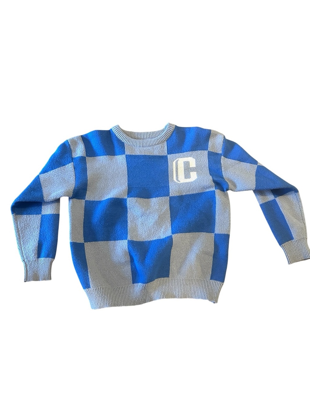 Blue and Light Gray Checker Crewneck Sweater - large worn
